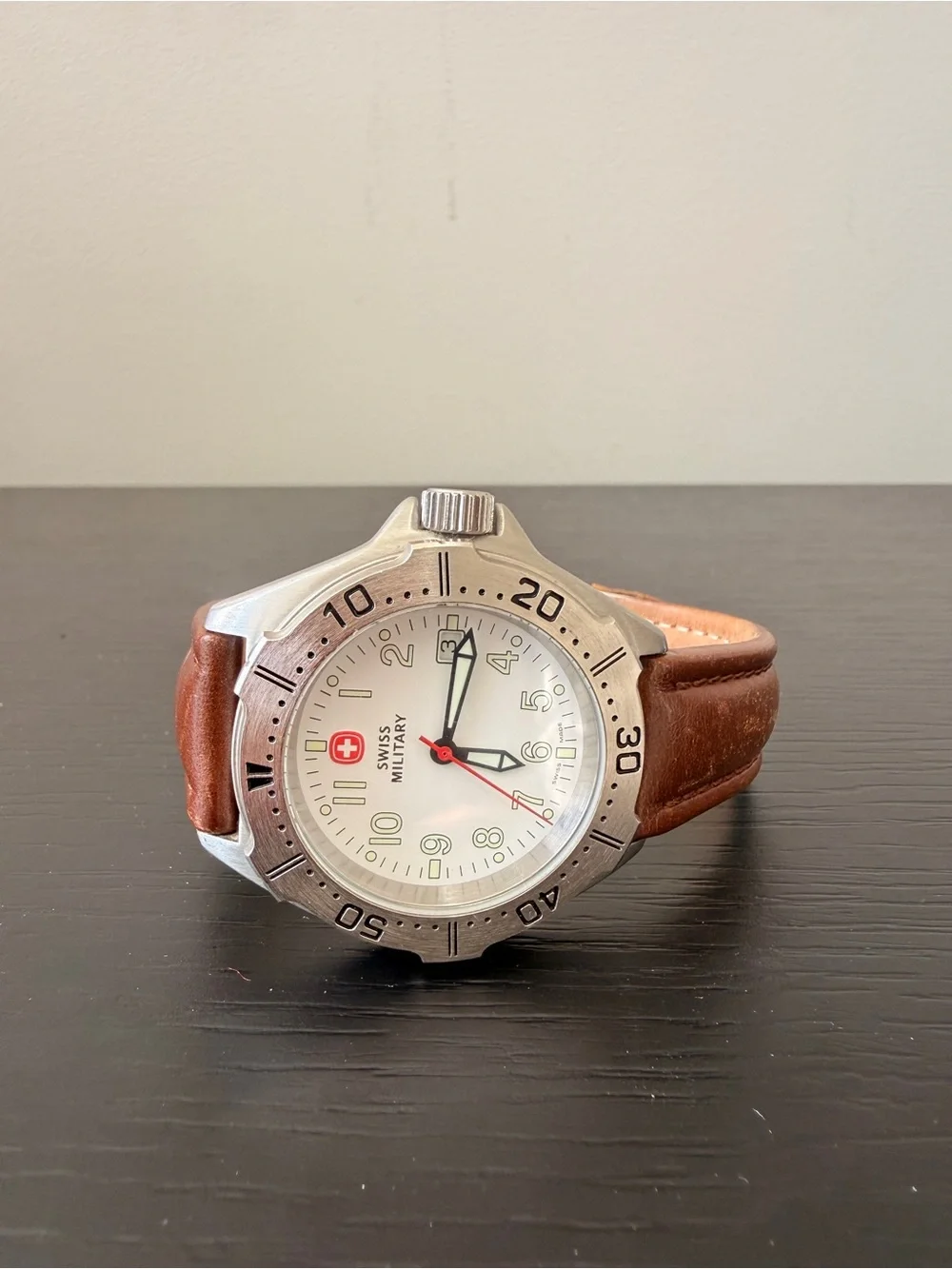 Swiss Military Brown Leather-Strap Men's Watch with Silver Case